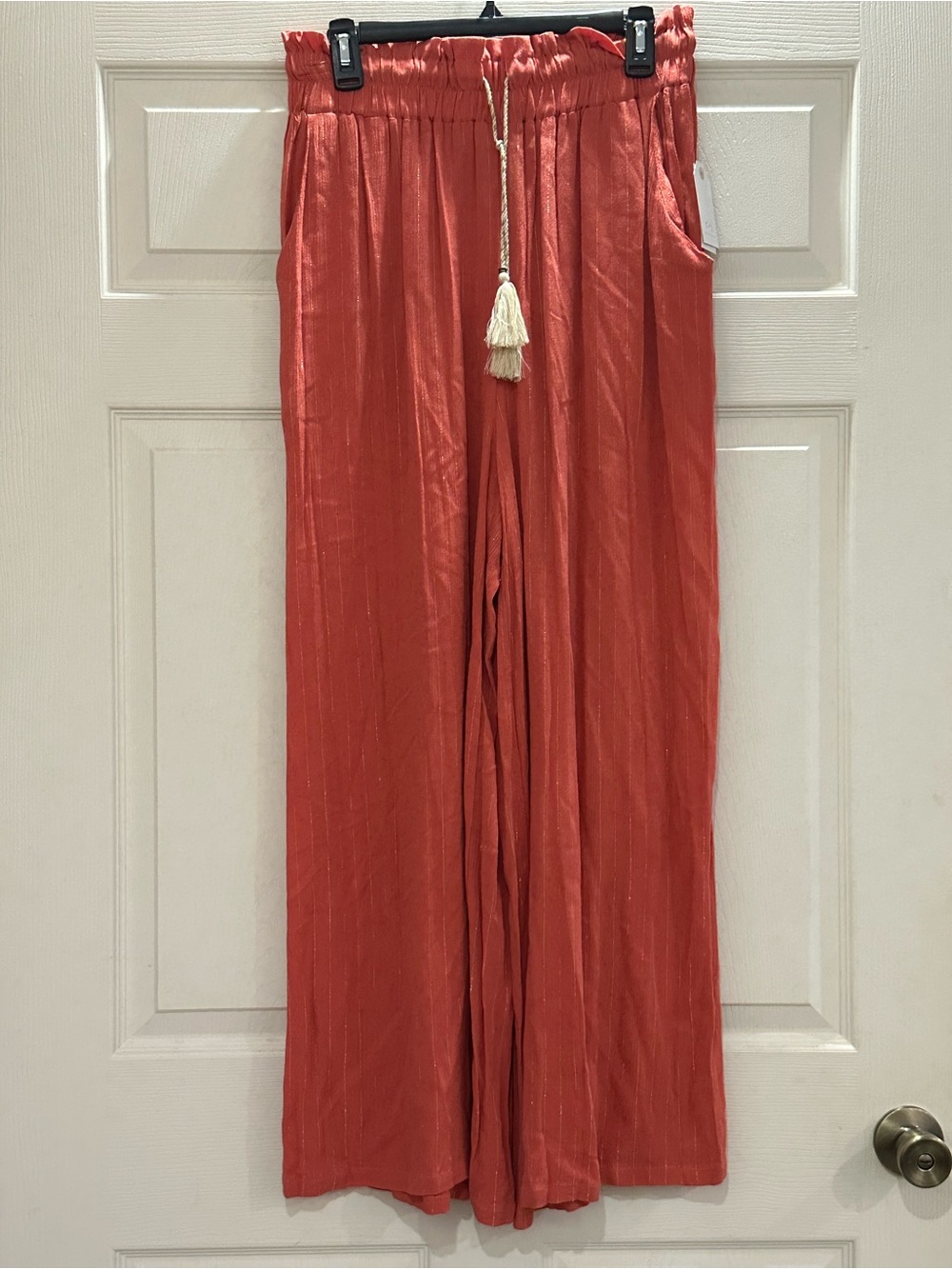 Wide-Leg Pull-On Pants with Tassel Tie in Amber Sunset